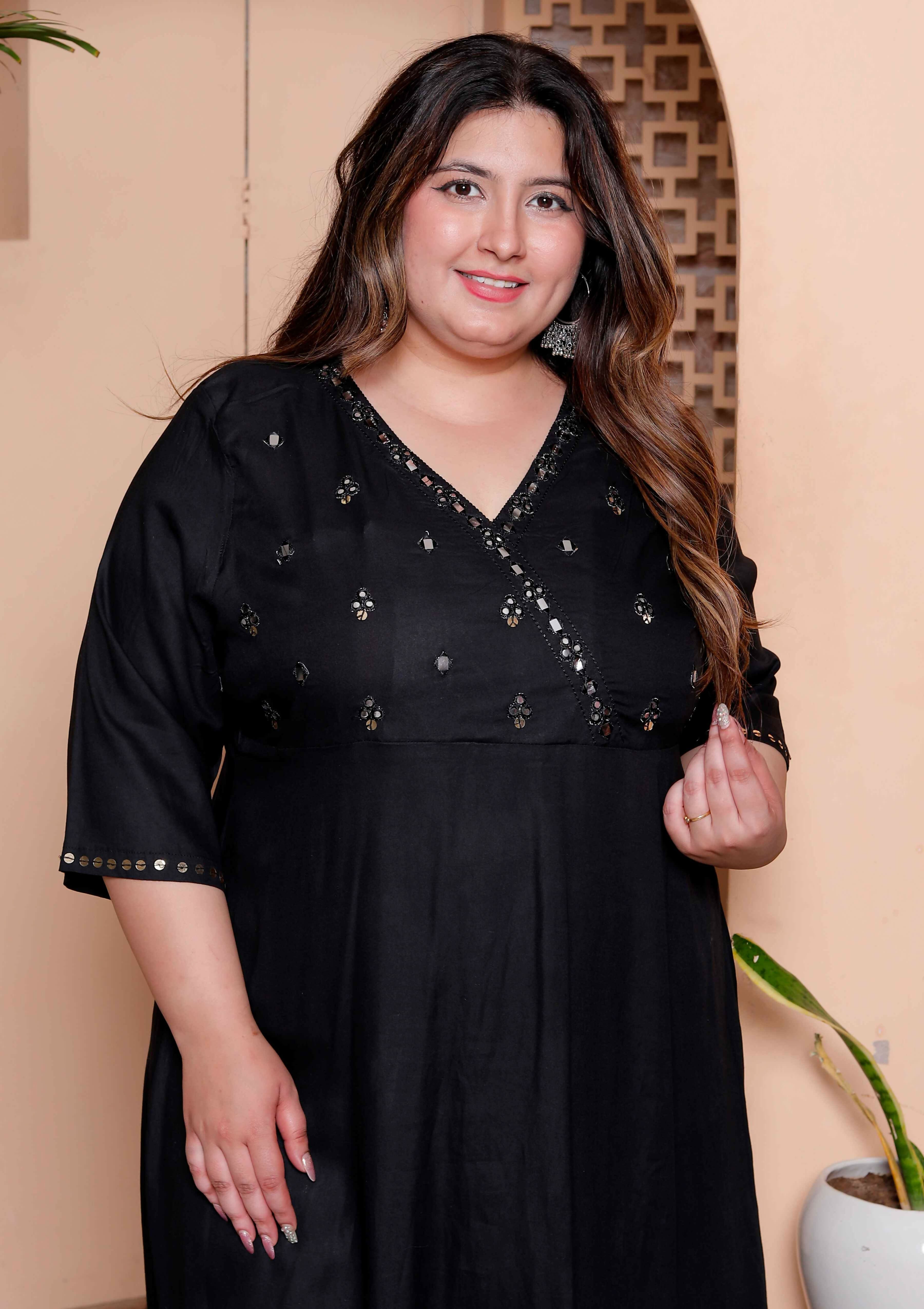 Miravan Womens Plus Size Black Mirror work Angrakha Kurta and Palazzo Set | Grocsy