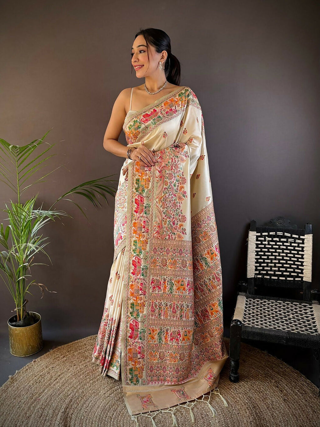 Joban Fashion White Meena Weaves Pashmina Sarees | Grocsy