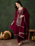Sangria Floral Embroidered Straight Kurta & Trousers With Dupatta | Grocsy