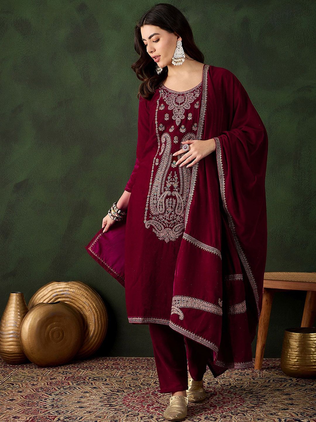Sangria Floral Embroidered Straight Kurta & Trousers With Dupatta | Grocsy