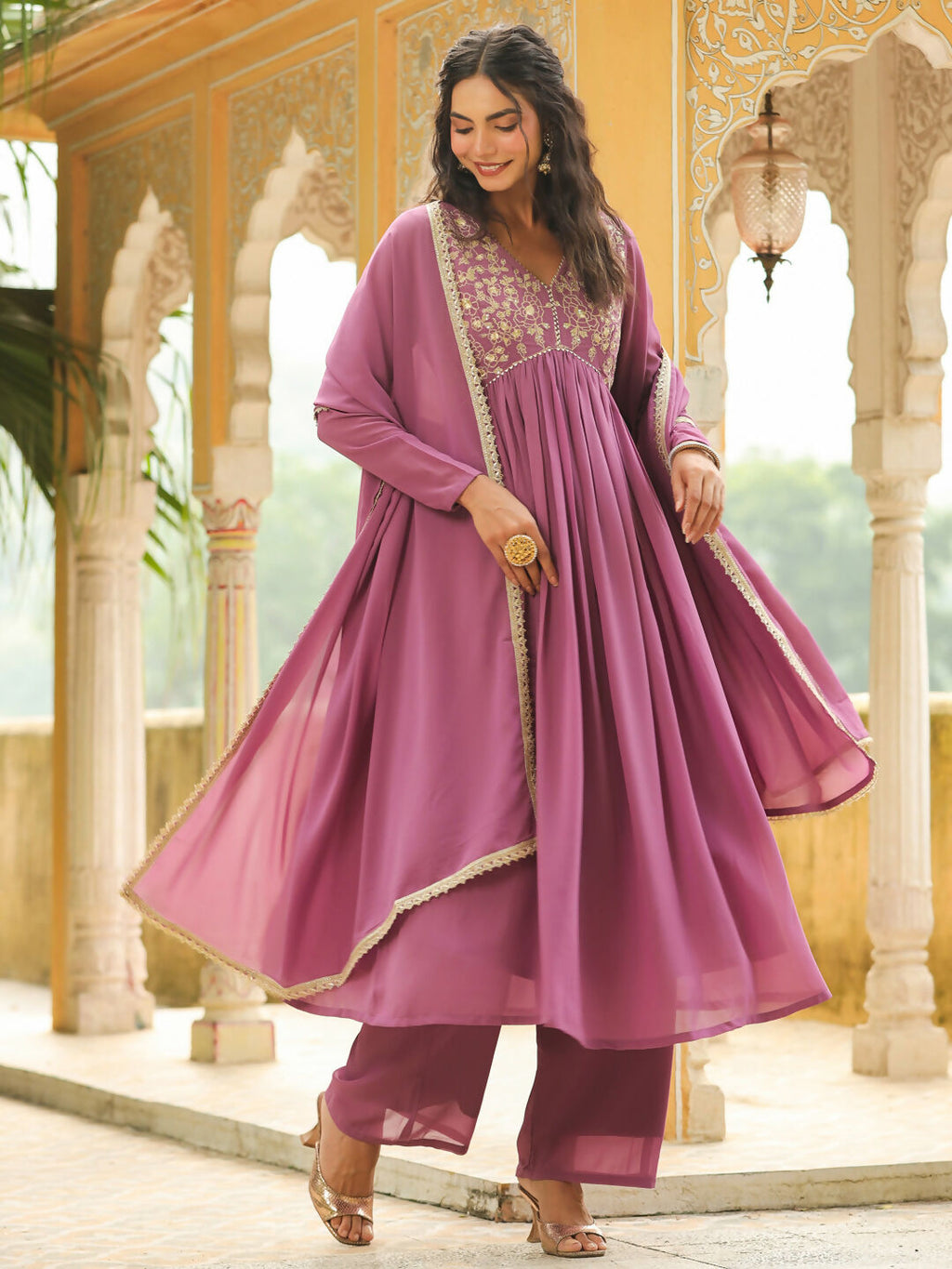 Janasya Lavender Georgette Yoke Embroidery Kurta,Bottom & Dupatta | Grocsy