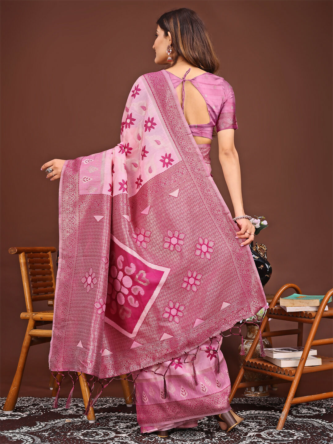 Shree Shyam Fashion Sajni Pink Linen Cotton Saree | Grocsy