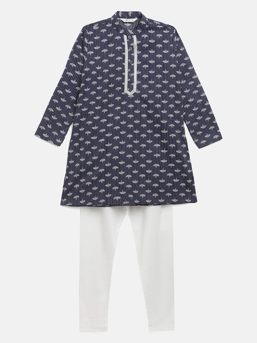 Ahalyaa Boys Navy Blue Pure Cotton Digital Print Kids Kurta Churidar Set | Grocsy