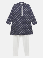 Ahalyaa Boys Navy Blue Pure Cotton Digital Print Kids Kurta Churidar Set | Grocsy
