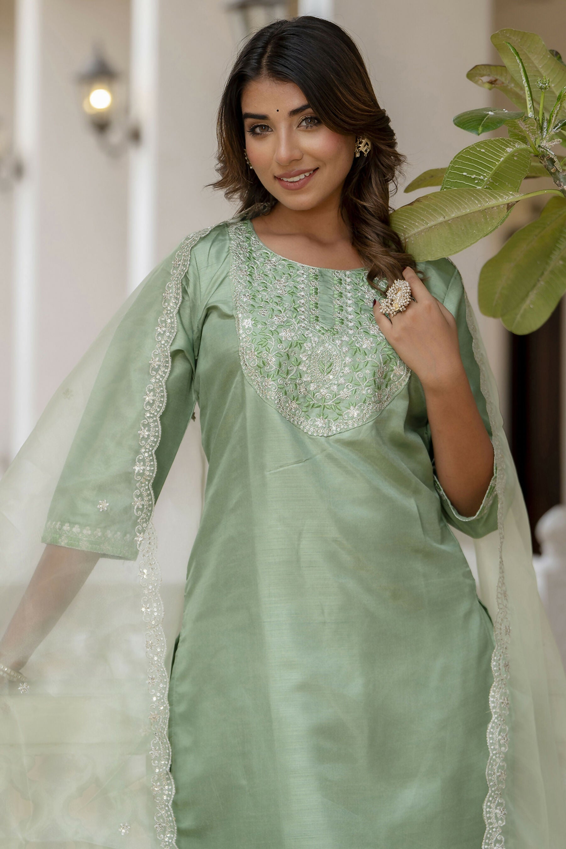 Vellora Pista Silk Blend Casual Suit with Elegant Thread Work | Grocsy
