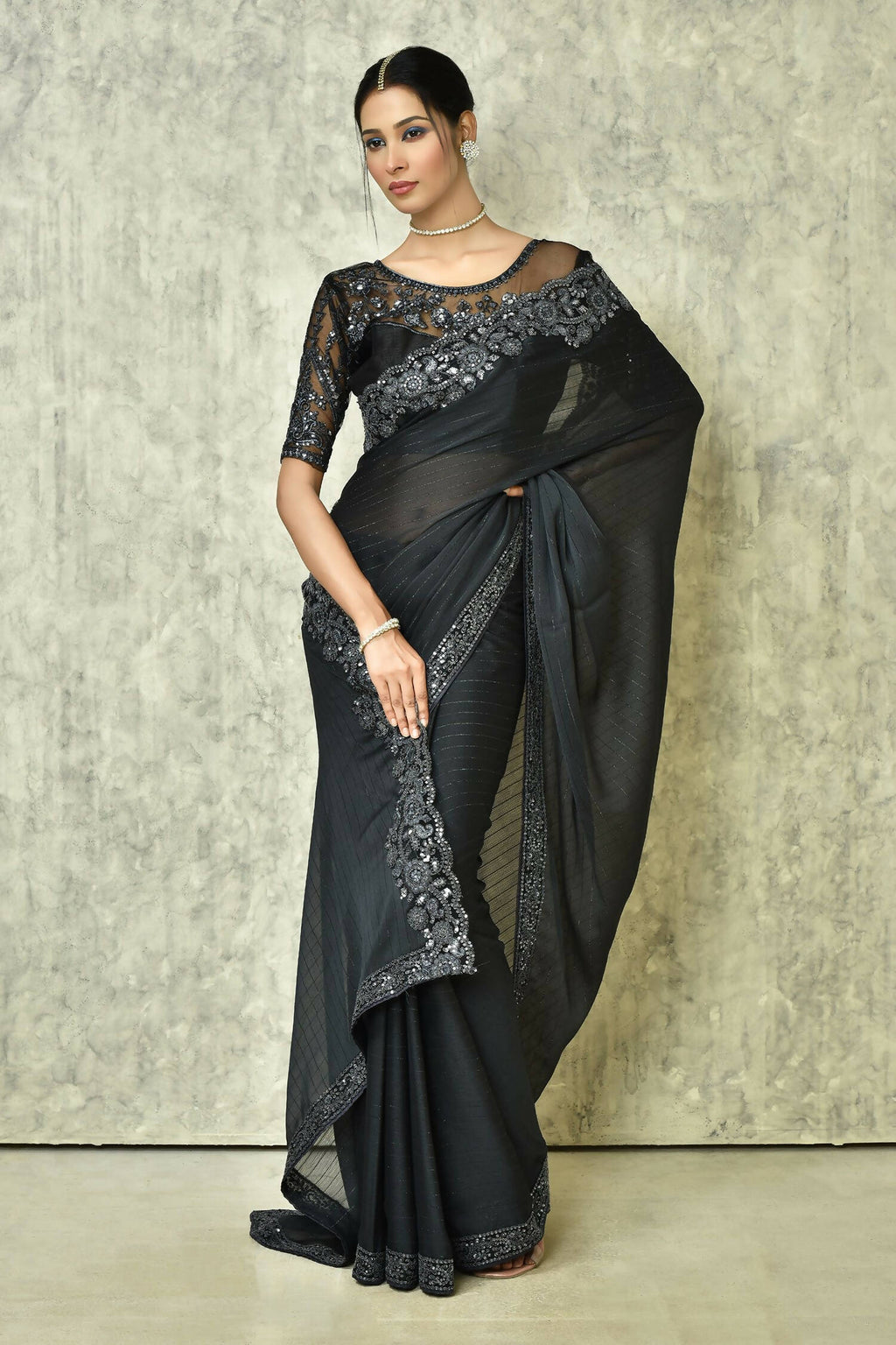 Black Silk Solid Designer Saree with Blouse - Purvi | Grocsy