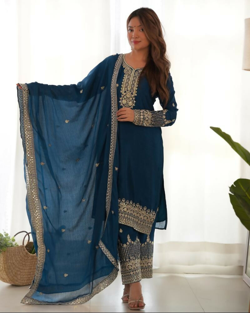 Lehenga Mart Designer Salwar Suit With Kurta, Pant, Dupatta For Women-Teal | Grocsy