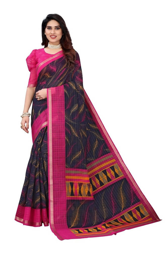 Vamika Navy Blue Linen Zari Border Saree | Grocsy