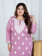 Miravan Women's Plus Size Chikankari Embroidery Pink Straight Kurta And Palazzo Set | Grocsy