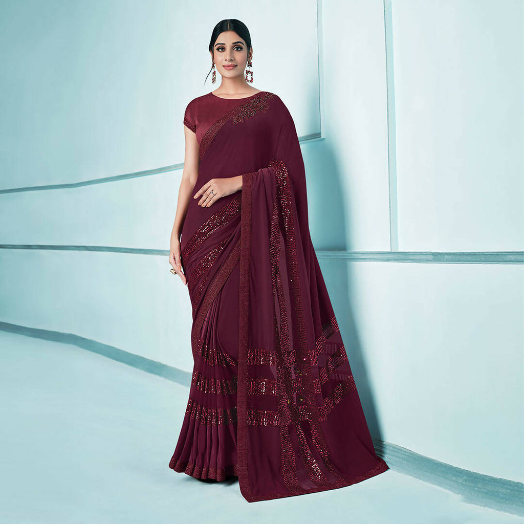 Maroon Lycra sequence Saree with Unstitched Blouse Piece - Norita Elaura | Grocsy