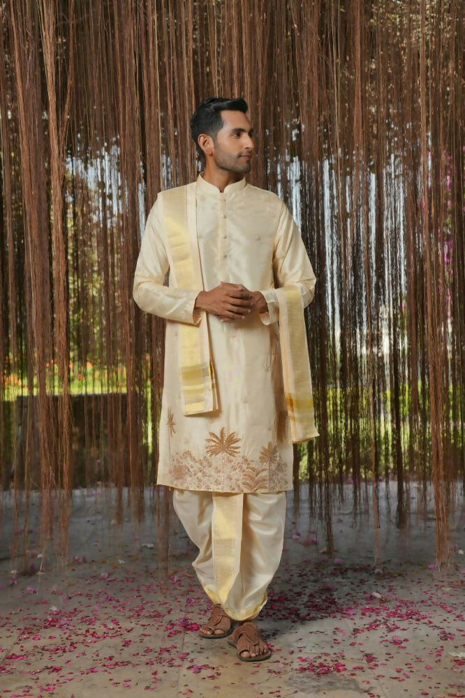 Cream Pink Kanjivaram Machien Embroidered Pattu Set by Hilo Design | Grocsy