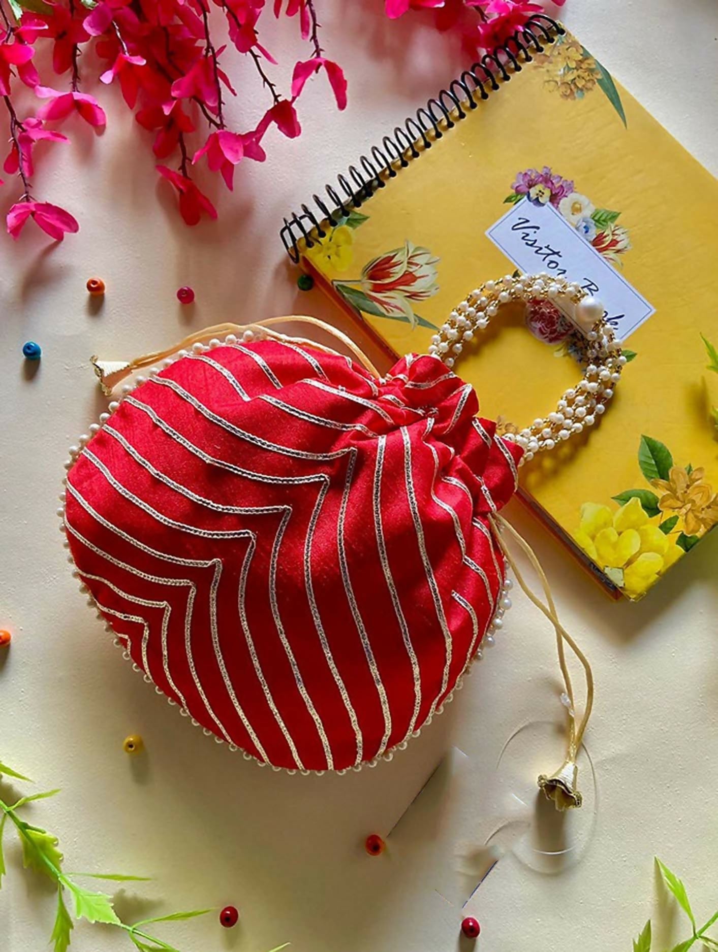 Joban Fashion Pearl Hand Work Potli Bag - Red | Grocsy