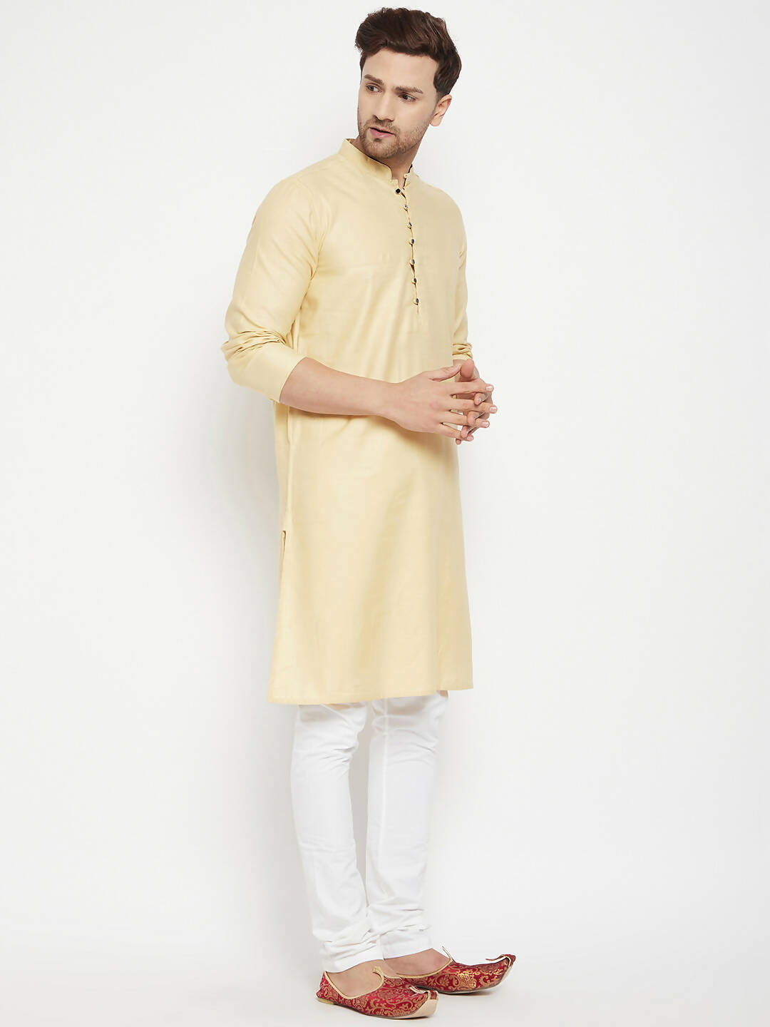 Even Apparels Beige Pure Cotton Long Men's Kurta With Band Collar | Grocsy