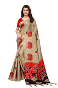 Vamika Traditional Chiku & Red Kalamkari With Jhalar Khadi Silk Saree | Grocsy