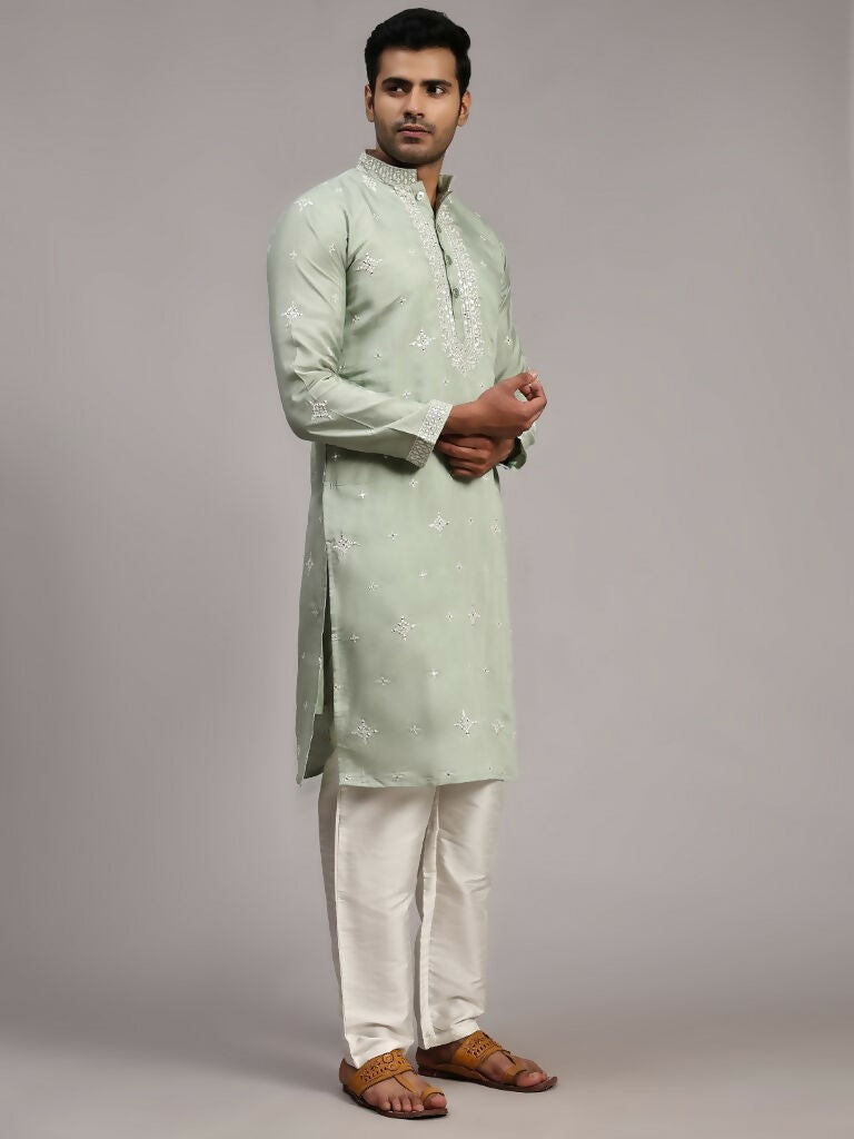 Light Green Silk Designer Embroidery Work Men's Rajwadi Kurta Set - Mahotsav | Grocsy