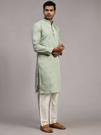 Light Green Silk Designer Embroidery Work Men's Rajwadi Kurta Set - Mahotsav | Grocsy