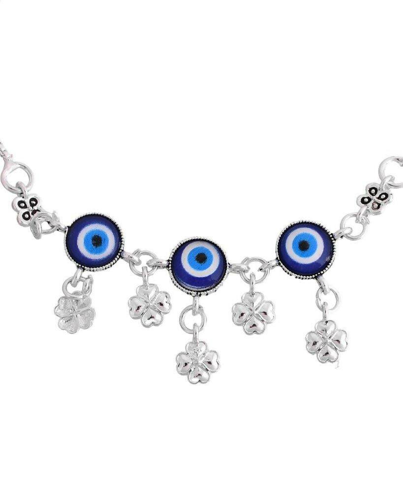 VOJ Set Of 2 Silver Plated Evil Eye Handcrafted Anklets | Grocsy