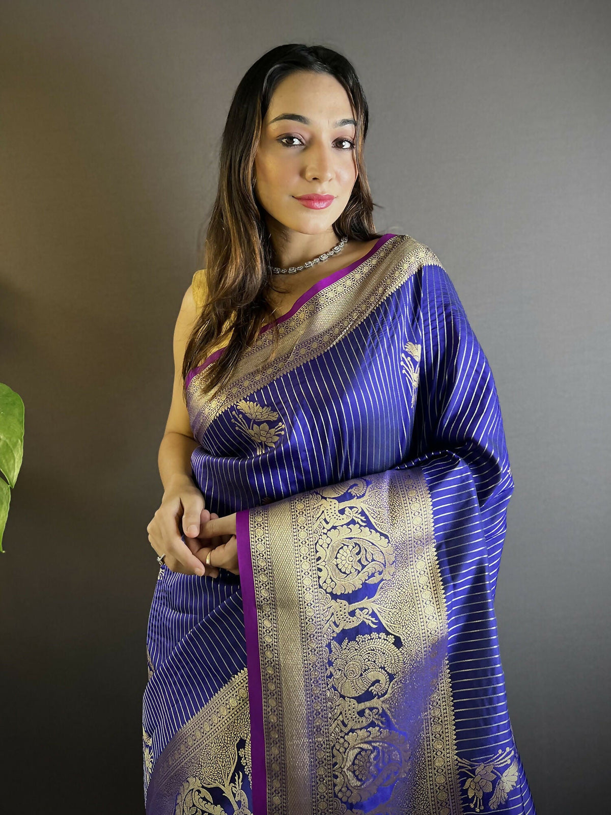 Joban Fashion Royal Blue Striped With Floral Motifs Soft Silk Leheriya Saree | Grocsy