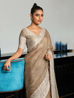 Shree Shyam Fashion Elegant Beige Woven Linen Saree with Contrast Zari Border & Tassels - Soft & Breathable Party Wear | Grocsy