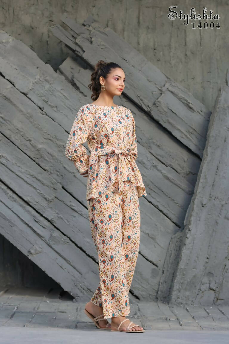 Women's Partywear Designer Cream & Multi Muslin co-ord set - Stylishta | Grocsy