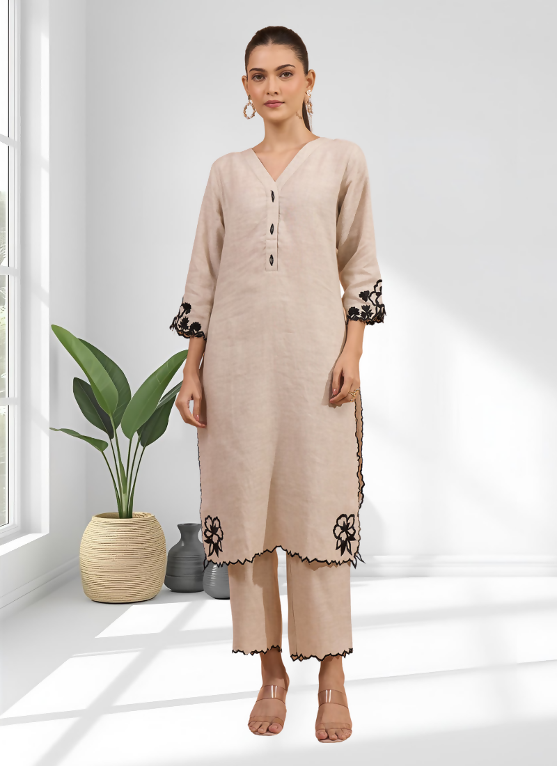 Joban Fashion Beige Linen Embroidered Readymade Long Kurta With Pant | Grocsy