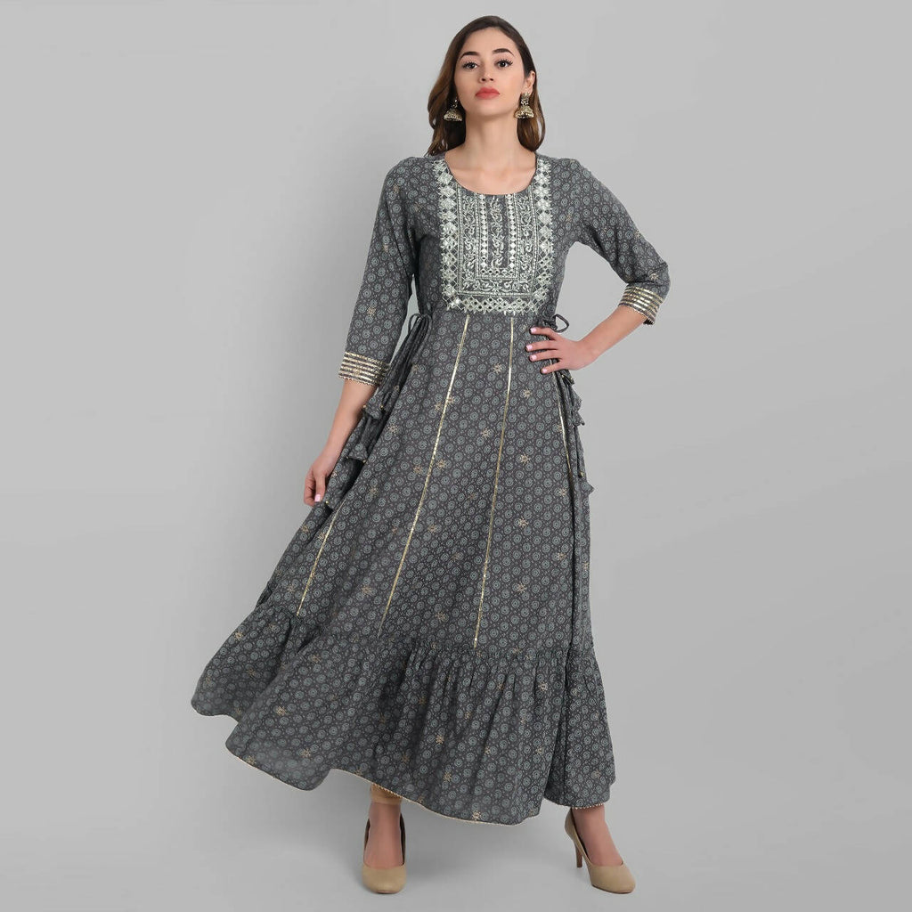 Juniper Grey Rayon Festive Wear Embroidered Tiered Long Dress | Grocsy