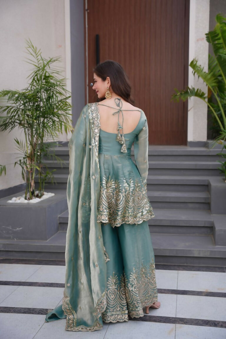 Teeya Creation Teal Color Fendy Satin Silk Embroidery Work party Wear Salwar Suit | Grocsy