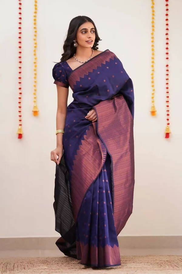 DEIANA'S Beautiful Designer Golden zari Soft Lichi Silk Saree - Navy Blue | Grocsy