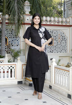 Miravan Women's Black Pure Cotton Floral Embroidered High Low Co-Ord Set | Grocsy