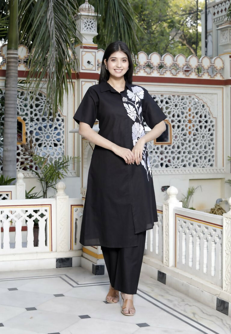 Miravan Women's Black Pure Cotton Floral Embroidered High Low Co-Ord Set | Grocsy