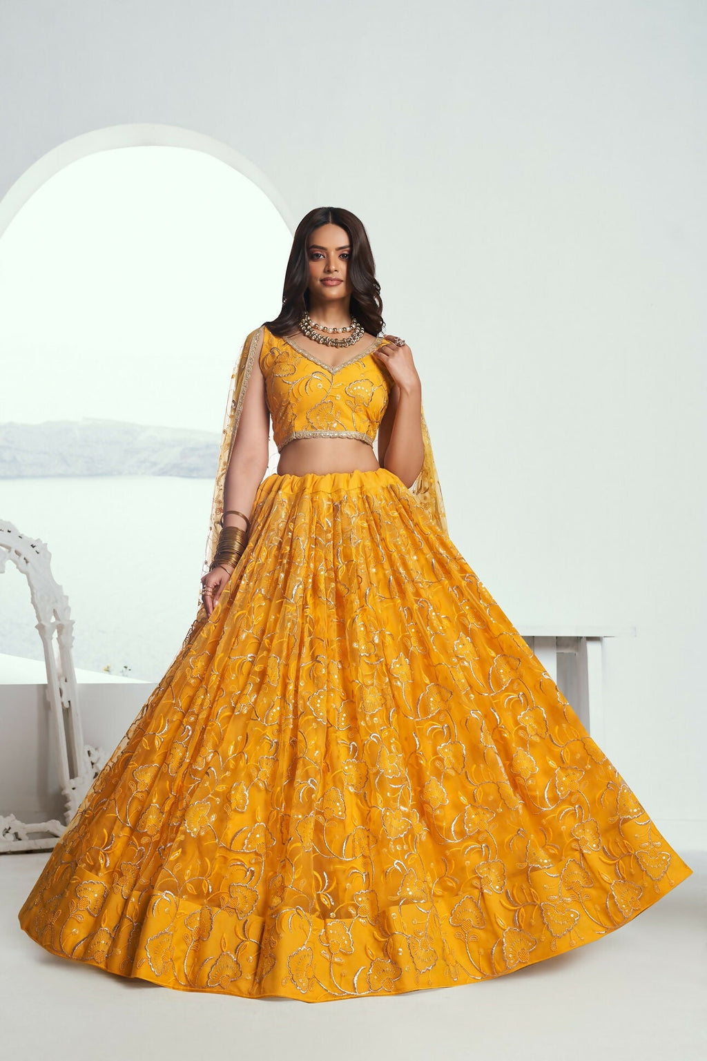 Eilara Glamorous Yellow Net With Embroidered And Thread Zari Sequence Weeding Lehenga Choli | Grocsy