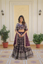 Vastranavya Designer Dyeable Pure Viscose Jacquard Fabric Lehenga Choli & Dupatta Set - Wine | Grocsy