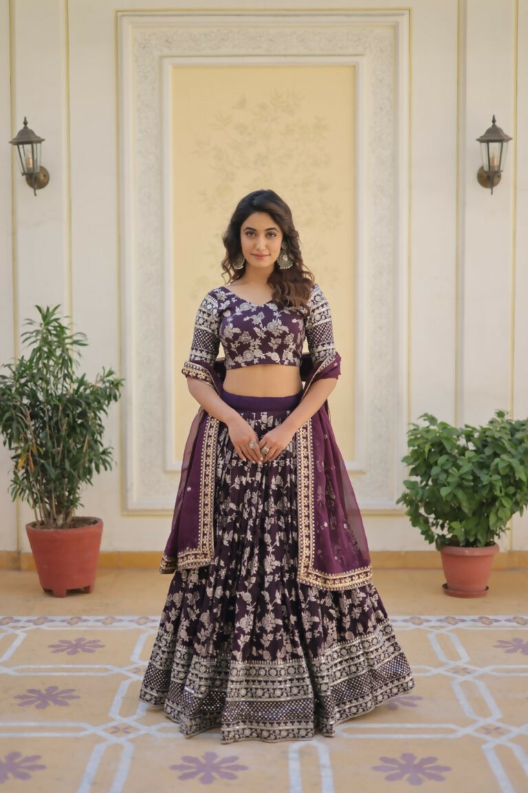 Vastranavya Designer Dyeable Pure Viscose Jacquard Fabric Lehenga Choli & Dupatta Set - Wine | Grocsy