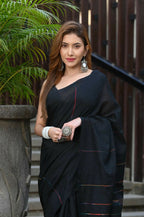 Beatitude Black Khadi Ghicha Stripes Saree | Grocsy