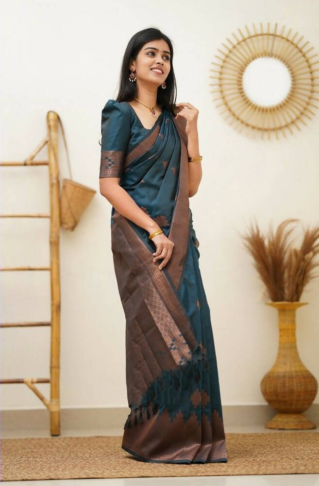 DEIANA'S Beautiful Designer Golden zari Soft Lichi Silk Saree - Teal | Grocsy