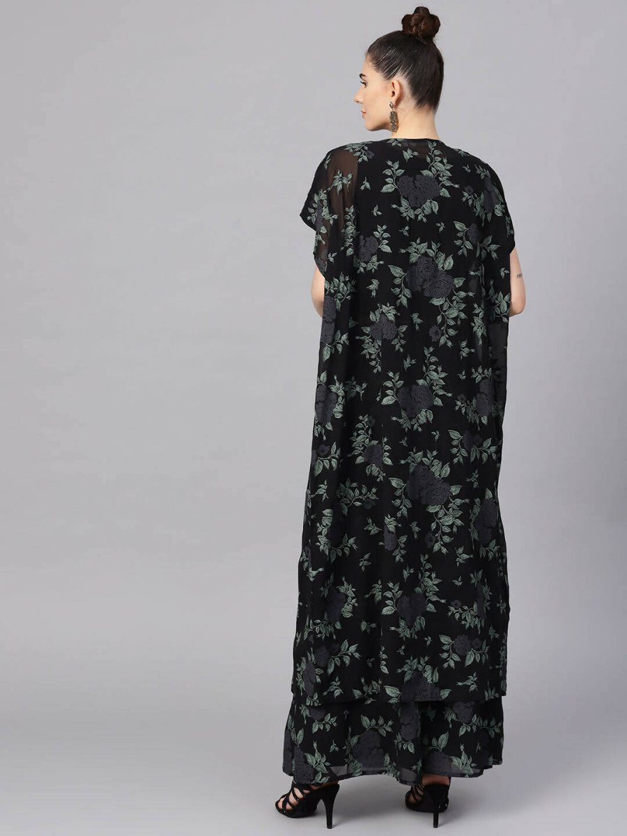 Ahalyaa Black Georgette Crepe Printed Top Palazzo Set With Jacket | Grocsy