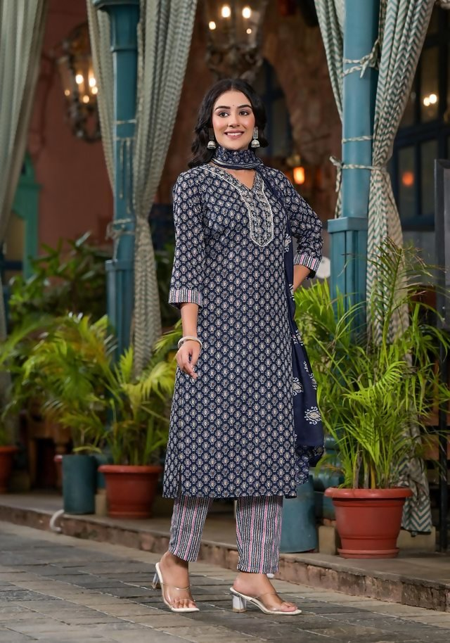 Juniper Women's Navy Ethnic Motif Printed Cotton Kurta Pant And Dupatta Set With Mirror Work & Sequins | Grocsy