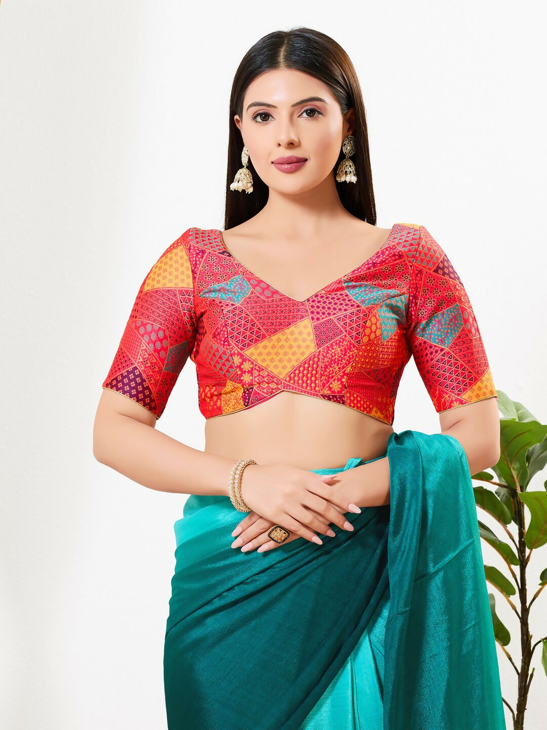Joban Fashion Red Brocade Padded Blouse With V Neck Elbow Sleeves | Grocsy