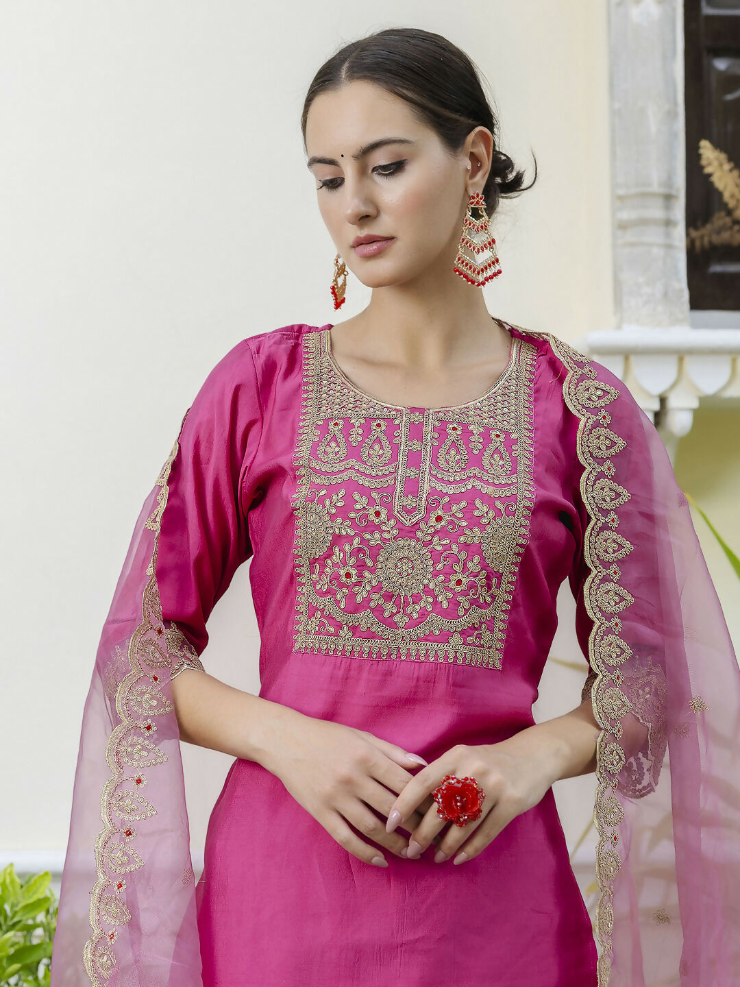 Vellora Rich Rani Pink Embroidery Work Readymade Salwar Suit | Grocsy