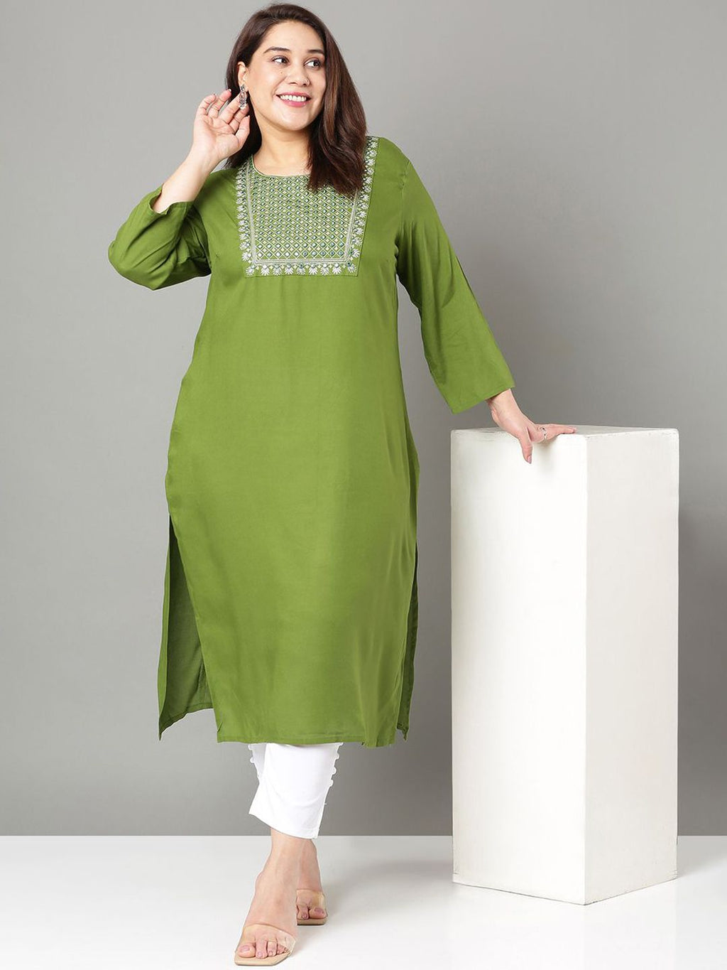 Sztori Plus Size Floral Yoke Design Mirror Work Straight Kurta | Grocsy
