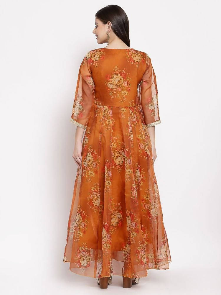 Myshka Women's Brown Organza Printed 3/4 Sleeve V Neck Casual Anarkali Dress | Grocsy