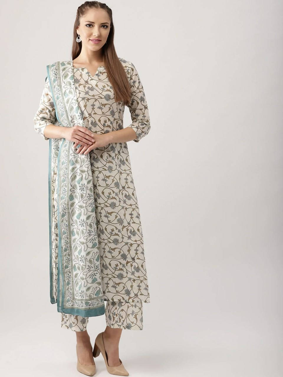Vamika Cream Printed Cotton Party/Casual Wear Kurta Set/Suit | Grocsy