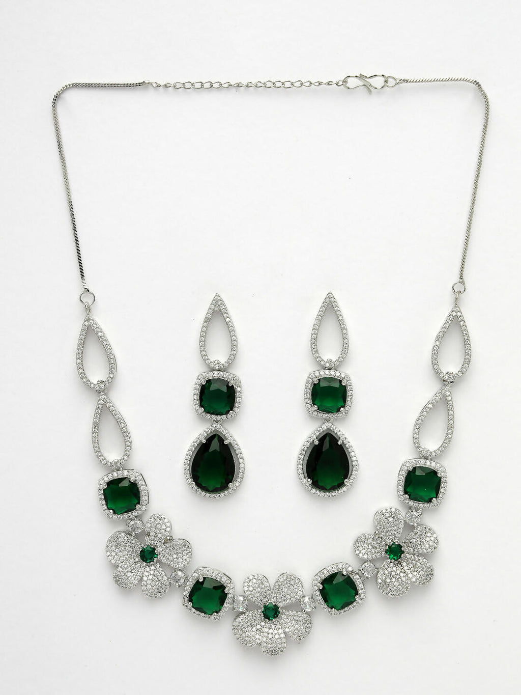NVR Women's Green & Silver-Plated American Diamond Handcrafted Jewellery Set | Grocsy