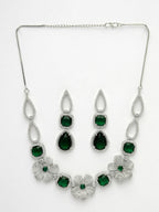 NVR Women's Green & Silver-Plated American Diamond Handcrafted Jewellery Set | Grocsy