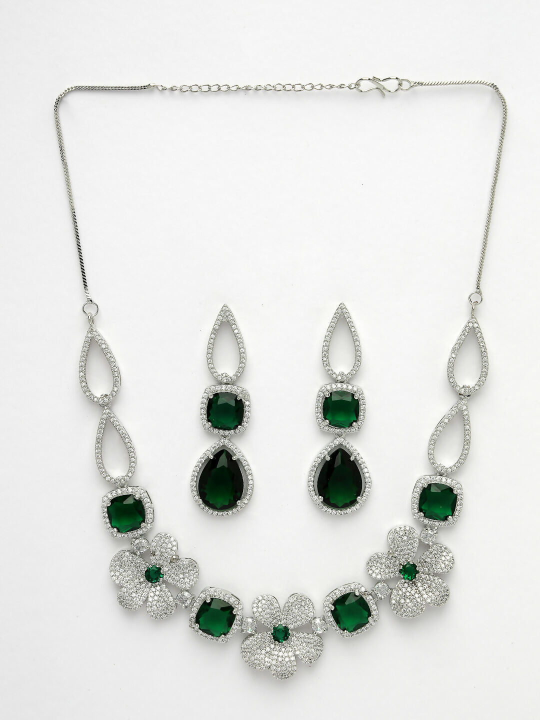 NVR Women's Green & Silver-Plated American Diamond Handcrafted Jewellery Set | Grocsy