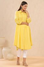 Juniper Womens Blush Yellow Cotton Slub Solid Mid Length Shirt Dress With Lace Detailing | Grocsy