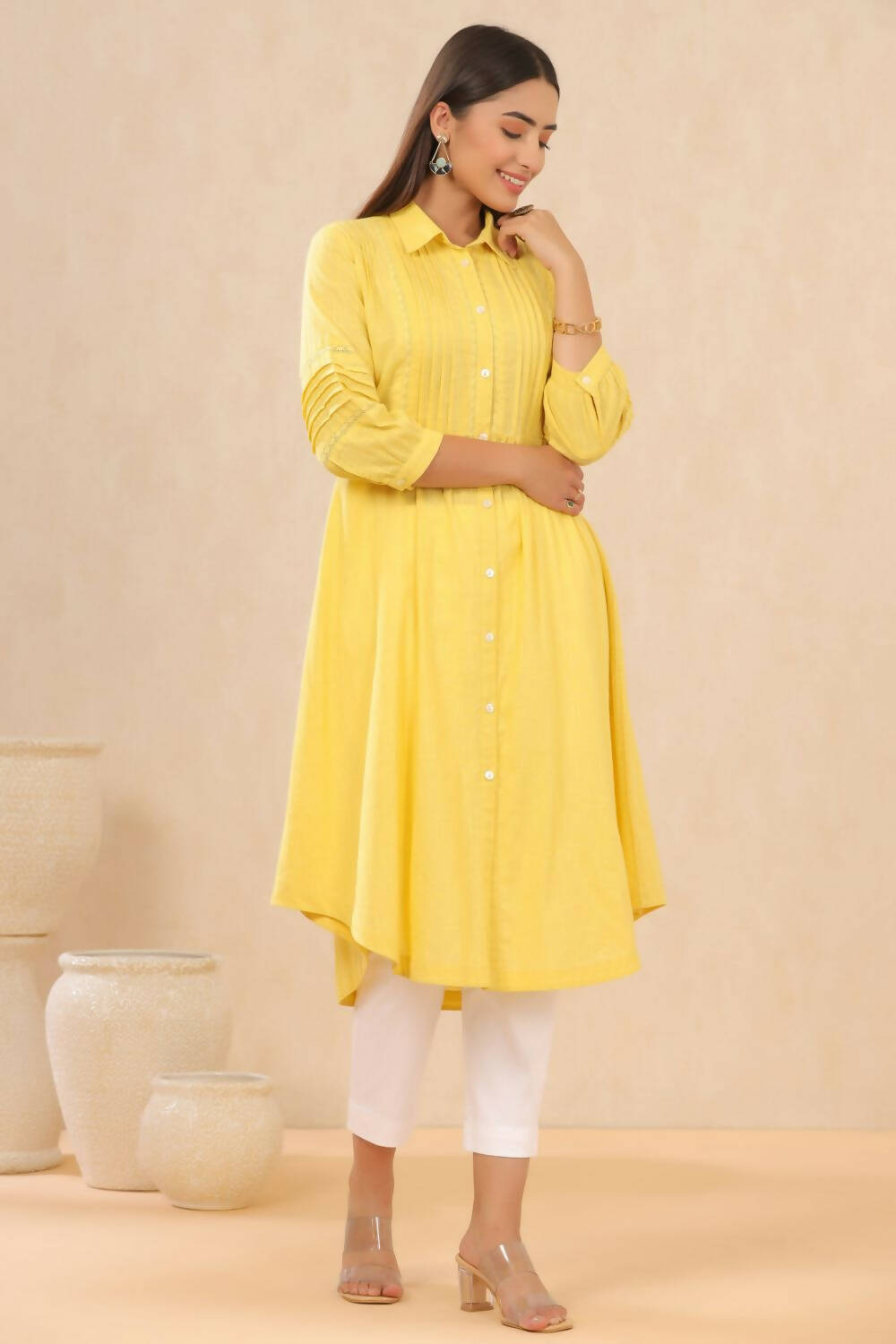 Juniper Womens Blush Yellow Cotton Slub Solid Mid Length Shirt Dress With Lace Detailing | Grocsy