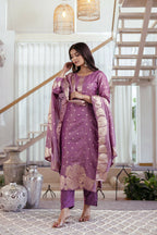 The52 Women's Beautiful Jacquard Butti Work Simmer Jacquard Fabric Straight Kurta Pant and Dupatta Set | Grocsy