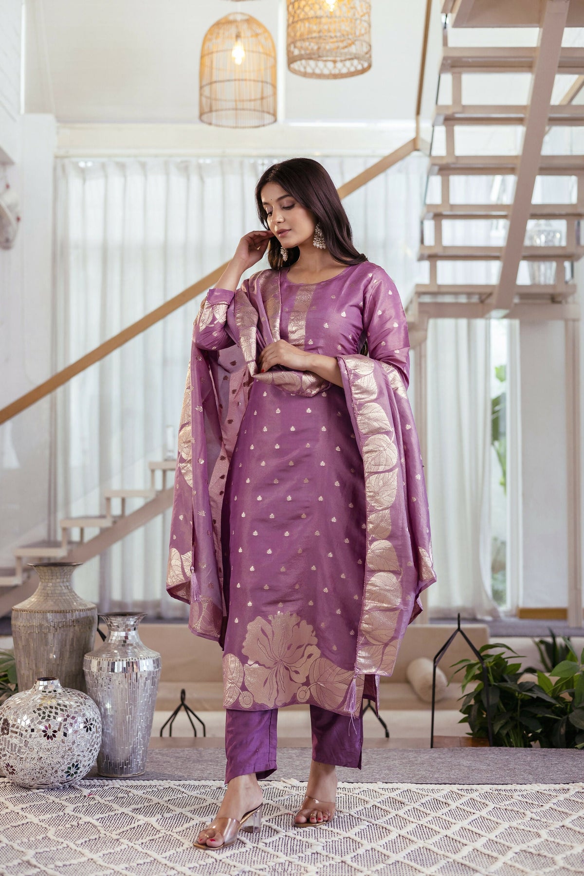 The52 Women's Beautiful Jacquard Butti Work Simmer Jacquard Fabric Straight Kurta Pant and Dupatta Set | Grocsy