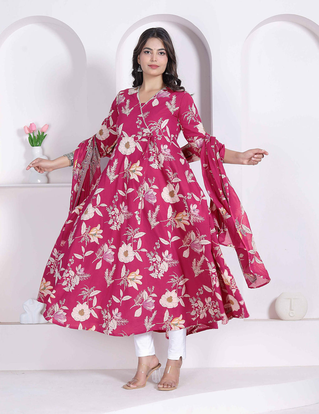 Miravan Womens Pink Floral Printed Angrakha Kurta With Dupatta | Grocsy